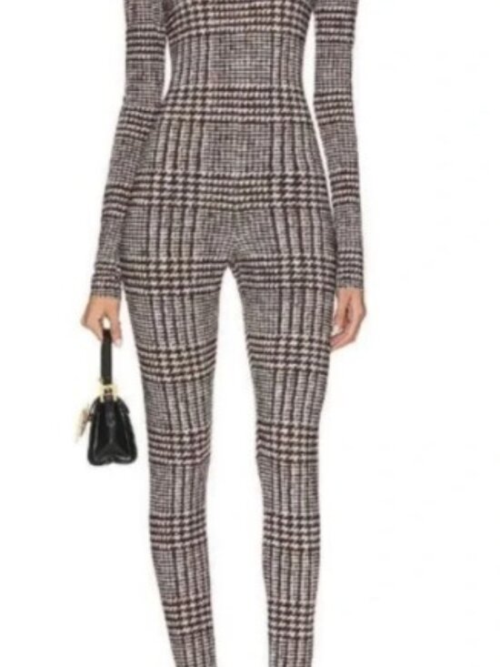 Norma Kamali Pants - Norma Kamali Choc Glenn Plaid Tweed Catsuit Footsie Open Back Leotard sz XXS NWT